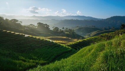Obraz premium Morning sunlight on lush rice terraces close to a traditional village, highlighting sustainable farming practices, World Environment Day