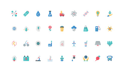 Fototapeta premium Sustainability, environmental protection with zero waste, green energy, renewable and eco friendly technology color icon set. Sustainable industry development flat elements vector illustration