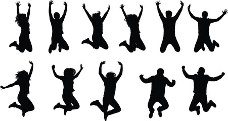 Fototapeta premium Set of Twelve Black Silhouettes of People Jumping with Arms Raised Representing Happiness, Joy, Freedom, and Energy