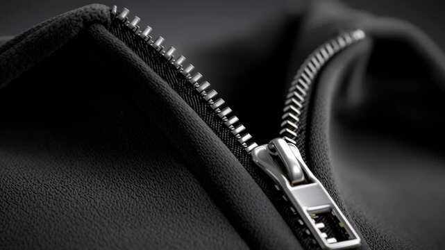 A zipper is shown in a close up of a black jacket. The zipper is silver and is visible in the foreground of the image