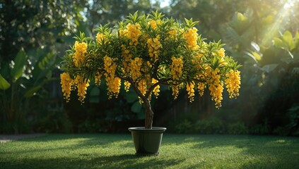 Yellow senna surattensis flowering shrub in container, emphasizing ornamental horticulture, Earth Day
