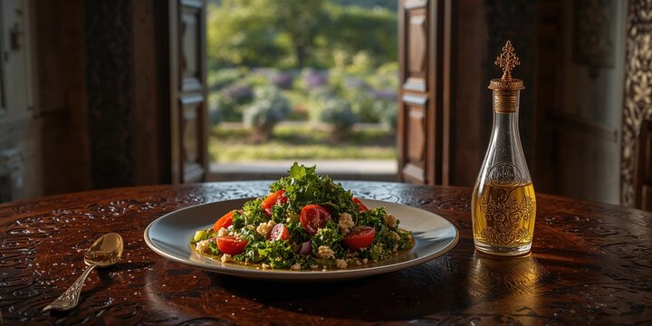 Arabic salad with fresh vegetables presented on a dish, highlighting fiber-rich nutrition, World Nutrition Day