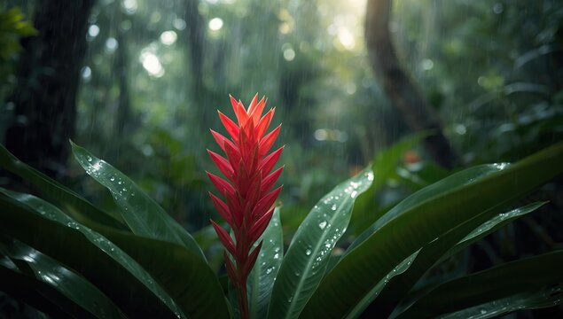 Wild bromeliad in lush rainforest setting, flower, summer, natural habitat, tree, landscape, leaf, forest, sunlight, floral, highlighting tropical ecology