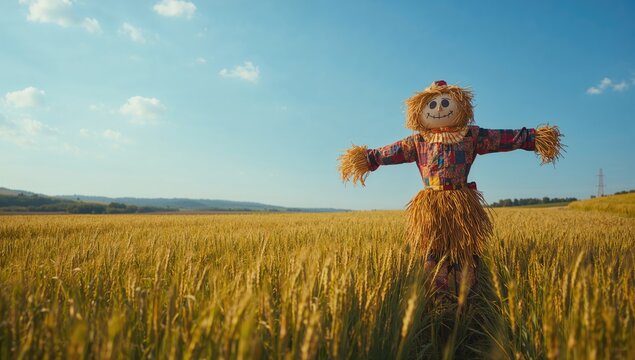 Hay-filled scarecrow amid ripening barley, serving as pest deterrent in farmland