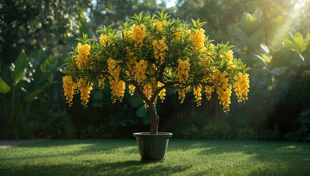 Yellow senna surattensis flowering shrub in container, emphasizing ornamental horticulture, Earth Day