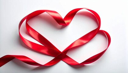 Red satin ribbon heart shape on white background
