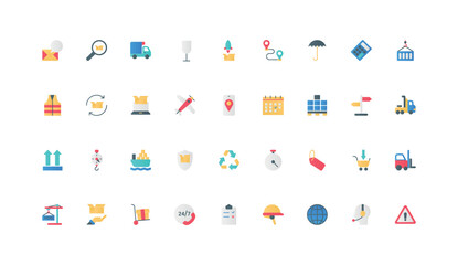 Freight transportation, box loading and storage, support service, export color icon set. Delivery calendar, warehouse equipment and machinery, cargo insurance flat elements vector illustration