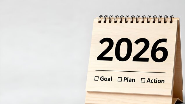 Clean 2026 calendar page on white surface showing simplicity and focus, highlighting success planning, strategy development, organization, and productivity.