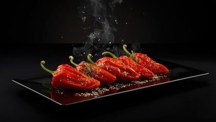 Charred pointed red peppers with garlic and thyme herbs on dark dish, vegetable grilling for nutritious meal