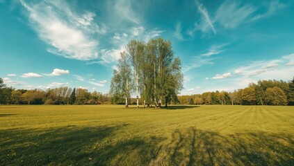Obraz premium Sunny summer scene featuring a forest clearing with birches and lush grass, ideal for nature photography backgrounds