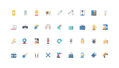 Fototapeta premium Gadgets and multimedia devices, electrical appliances for kitchen and household color icon set. TV and coffee machine, camera and headphones, drone and gamepad flat elements vector illustration
