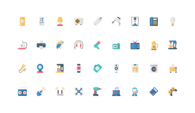 Gadgets and multimedia devices, electrical appliances for kitchen and household color icon set. TV and coffee machine, camera and headphones, drone and gamepad flat elements vector illustration