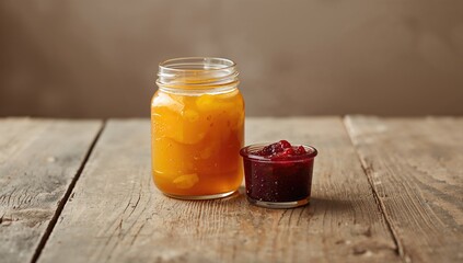Homemade fruit jam displayed on rustic wooden surface, highlighting traditional preservation methods