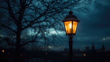 Lit street light casting yellow glow on leafless tree in overcast evening, urban safety feature