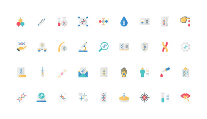 Fototapeta premium Genetics research and biotech, DNA helix molecule structure and gene model color icon set. Test of human saliva and blood, paternity, ancestry, nucleic acid sequence flat elements vector illustration