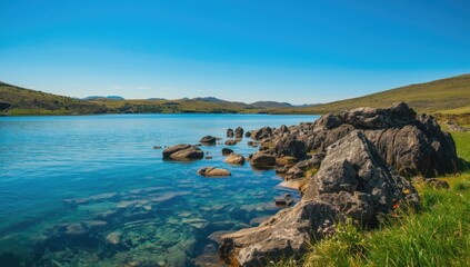 Fototapeta premium Scattered natural rocks within a crater environment serving as a landscape backdrop for editorial headers, Earth Day