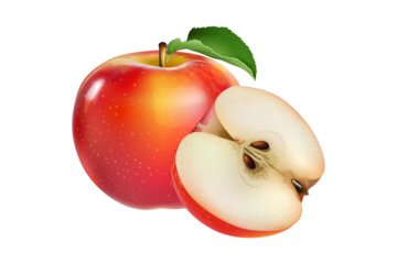 Realistic red apple fruit with half slice and green leaf, fresh and juicy concept, vector illustration isolated on transparent background