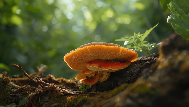 Pycnoporus coccineus saprophytic fungus on rotting timber, studying natural decomposition, World Fungi Day