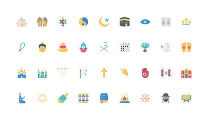 Fototapeta premium Religions of world, spirituality and faith color icon set. Religious holy symbols of Buddhism and Judaism, Christianity and Islam, church and mosque, prayer to god flat elements vector illustration
