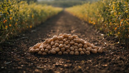 Obraz premium Mature potatoes piled on the ground in a rural field, illustrating crop collection and agricultural practices