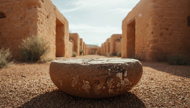 Ancient Aztec ruins with a metate stone used for traditional grain processing, archaeological significance