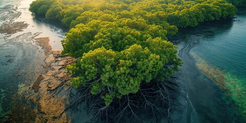 Mangrove ecosystem bathed in morning light, highlighting blue carbon systems for atmospheric CO2 absorption