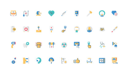 Fototapeta premium Medical devices and hospital equipment for health control, diagnosis, radiology color icon set. Blood sugar level meter, tomography and MRI machine, ultrasound scan flat elements vector illustration
