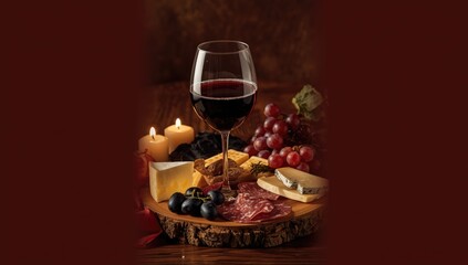 Red wine served with cheese, salami, and grapes on a rustic wooden surface under candlelight, ideal for romantic dining setting