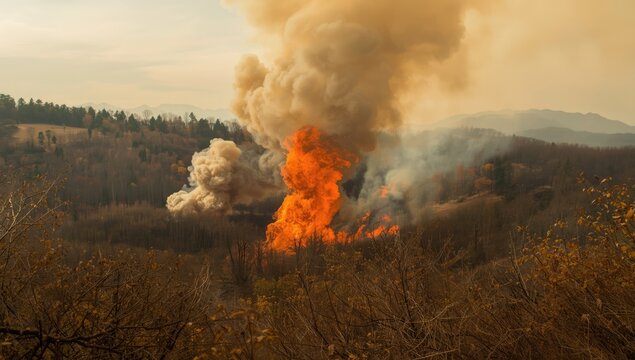 Wildfire ignites in fall foliage of Appalachian Mountains, forest health awareness