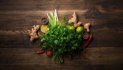 Asian cuisine components arranged on a wooden board, highlighting natural and organic ingredients, meal preparation, World Food Day