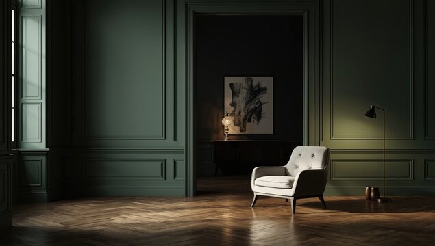 Green-walled interior featuring decorative molding panels and wooden floors, suitable for upscale home decor