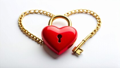 Fototapeta premium Red heart shaped padlock with golden chain and key on white background