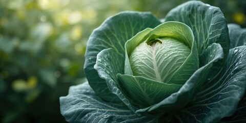 Fototapeta premium Close-up of fresh green cabbage showcasing fine, organic textures and gentle curves under natural lighting, suitable for food background