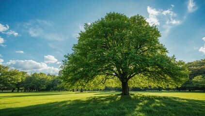 Fototapeta premium Tree beneath a clear blue sky providing a natural background for layout and editorial use, seasonal foliage