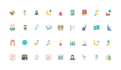 Fototapeta premium Islam religion, holidays and mosque, religious elements for prayer color icon set. Muslim man and woman, crescent moon and lantern, carpet for holy Quran reading flat elements vector illustration