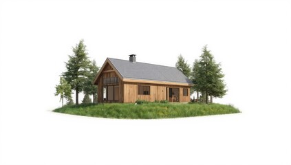 Obraz premium Scandinavian-style barnhouse featuring a metal roof situated on a green island with trees, eco-conscious architecture