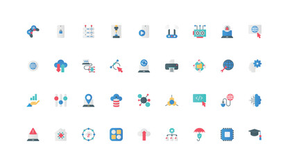 Information technology, digital data system and high tech devices, multichannel connection, hardware color icon set. Circuit, cloud settings, model structure flat elements vector illustration