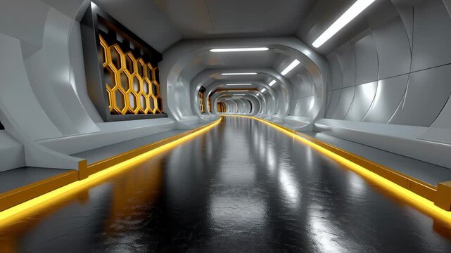 A long, narrow hallway with yellow lines on the floor and walls. The yellow lines are on the floor and the walls, creating a sense of depth and dimension in the space. The hallway is empty