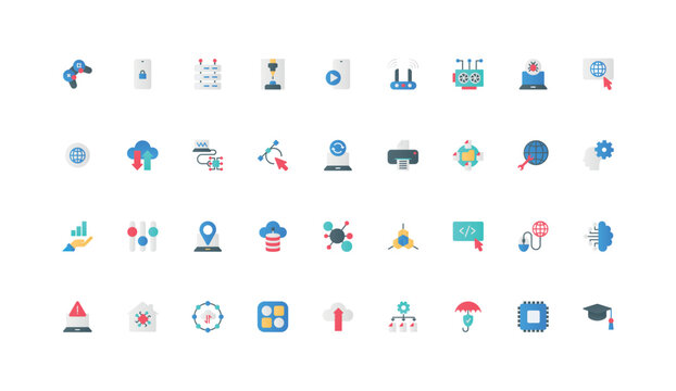 Information technology, digital data system and high tech devices, multichannel connection, hardware color icon set. Circuit, cloud settings, model structure flat elements vector illustration