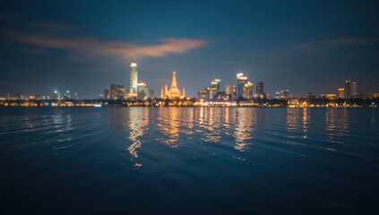 Fototapeta premium Soft glow and river in Bangkok at night, suitable for layout backgrounds or editorial headers