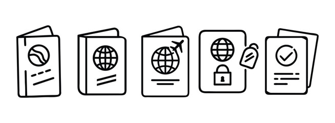 Set of simple passport icons with various symbols