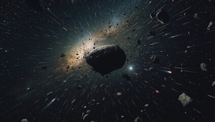 3D visualization of massive asteroid field moving through space, highlighting planetary impact risks