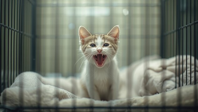 Young cat in a cage yawning, emphasizing pet confinement and animal welfare