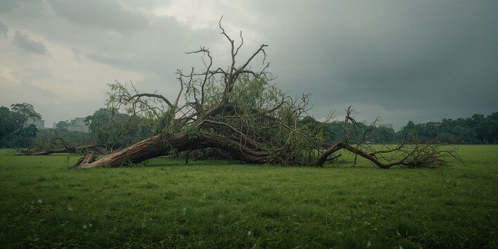 Uprooted trees from Super cyclone Amphan lie scattered across a field, cyclone damage, Earth Day