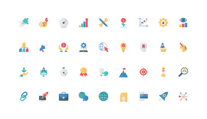 New venture, startup or business project opening and development strategy color icon set. Unicorn and rocket launch, quality and algorithm, creative idea to make money flat element vector illustration