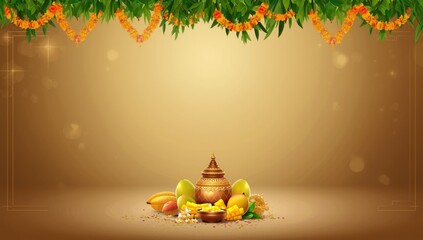 Decorative New Year greeting card featuring Kalash, mango leaf, jaggery, banana lamp, and marigold flower garland, traditional festival elements