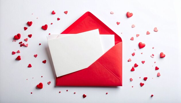 Red envelope with white card and heart confetti on white background