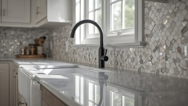 Farmhouse kitchen sink featuring black faucet, marble countertops, and white cabinets, emphasizing durability and design, World Environment Day