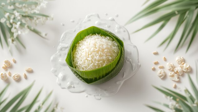 Traditional Indonesian Lepet with sticky rice and coconut, wrapped in coconut leaves, cultural cuisine