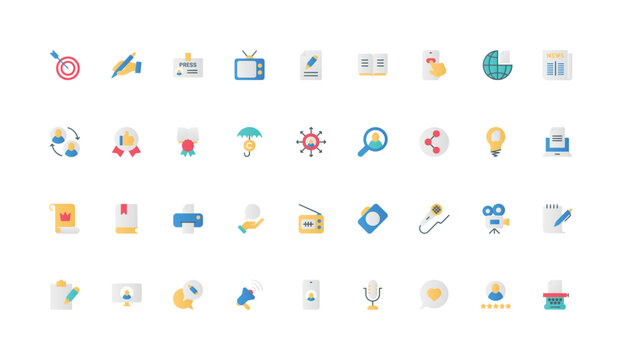 News in social media and press, advertising campaign for online creative content to print and publish color icon set. Story, text of article in blog and inspiration flat elements vector illustration